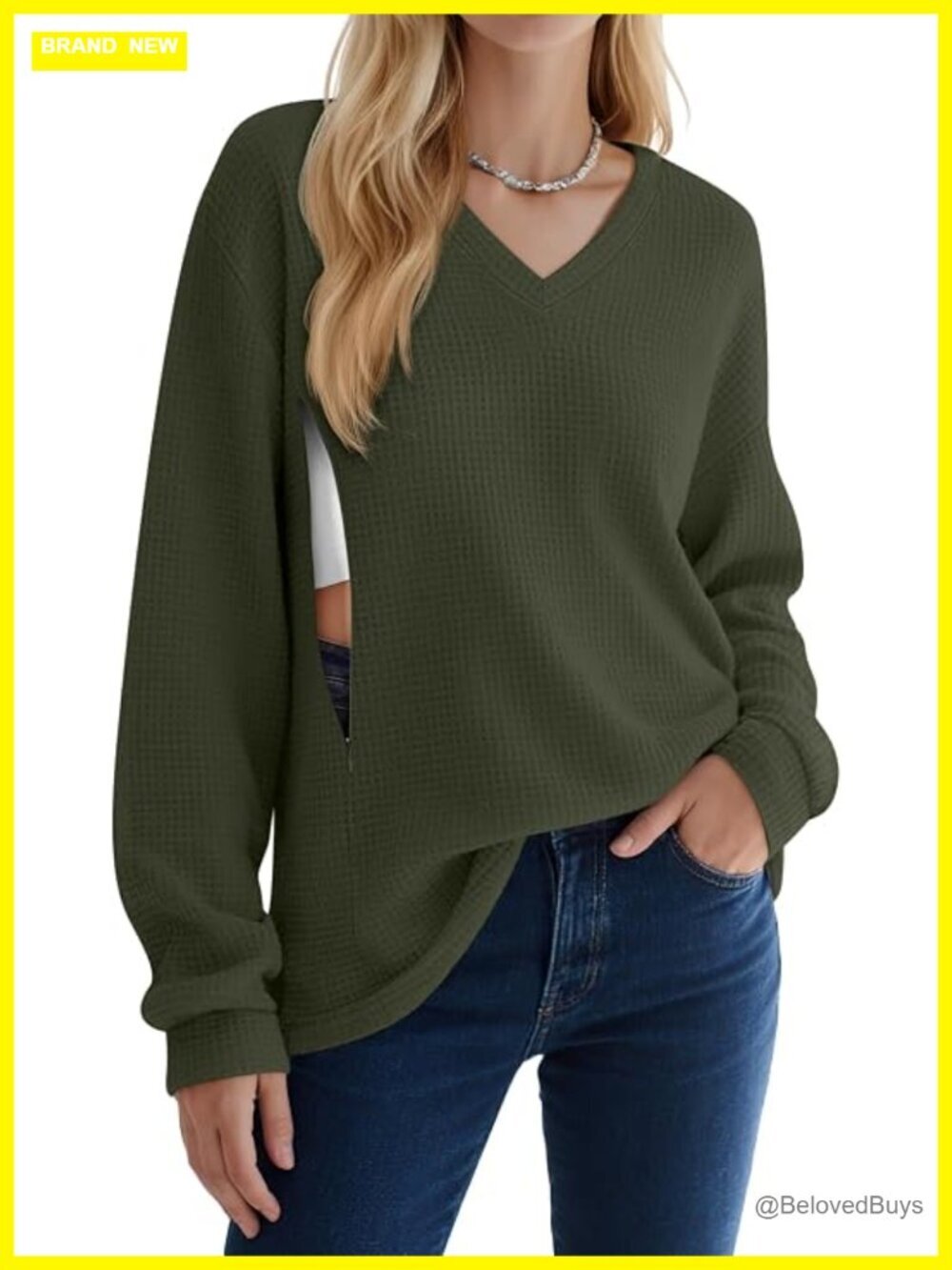 Long Sleeve V-Neck Waffle Knit Nursing Top with Hidden Zipper